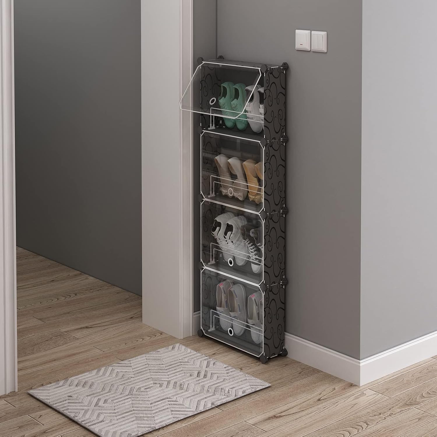 MAGINELS 4-Tier Slim Shoe Rack Organizer and Tall Storage for Closet,Hidden Thin Shoes Cabinet for Small Spaces,Narrow Shelves for Wall Behind Door,Black,Entryway