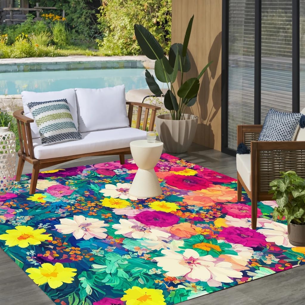 Modern Floral 8x8 Outdoor Area Rug Contemporary Aesthetic Green Pink Flower Texture Rug for Balcony Patio Deck Porch Washable Reversible Garden Large