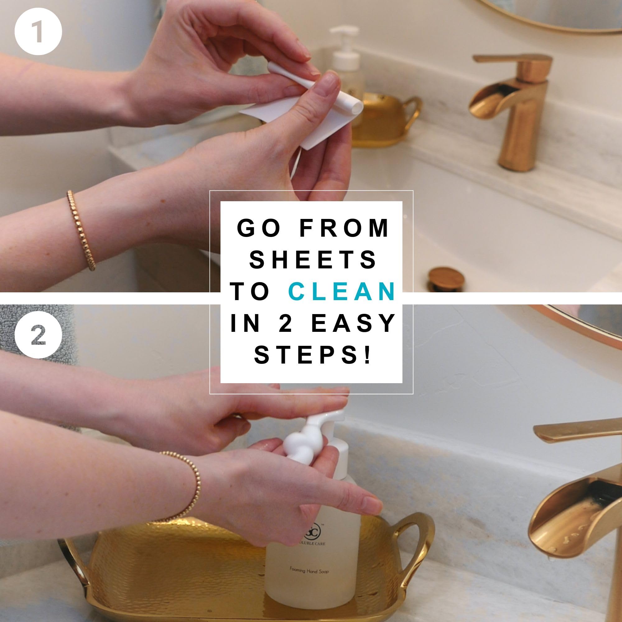 Soluble Care: Foaming Hand Soap Dissolvable Sheet Starter Kit | Includes 8 oz. Foaming Dispenser & 4 Full Bottle Refills – Sustainable, Earth-Friendly Cleaning Solution – Coconut Scent