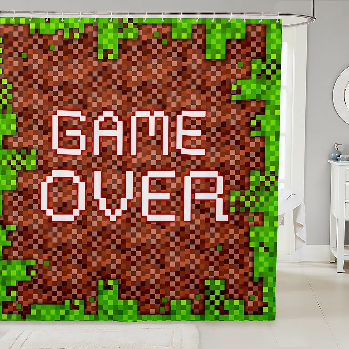 jejeloiu Pixel Shower Curtain for Bathroom Decor 84" L x 72" W Kids Video Game Themed Bath Curtain for Boys Girls Green Brown Bathroom Accessories,Polyester
