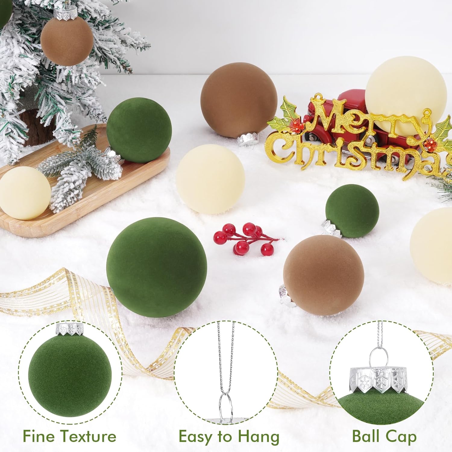 Waipfaru 45 Pcs Velvet Christmas Ornaments, Brown Green Neutral, Mixed Sizes (3.9, 3.1, 2.8 Inches), Flocked Texture, Christmas Tree Decor - Image 3
