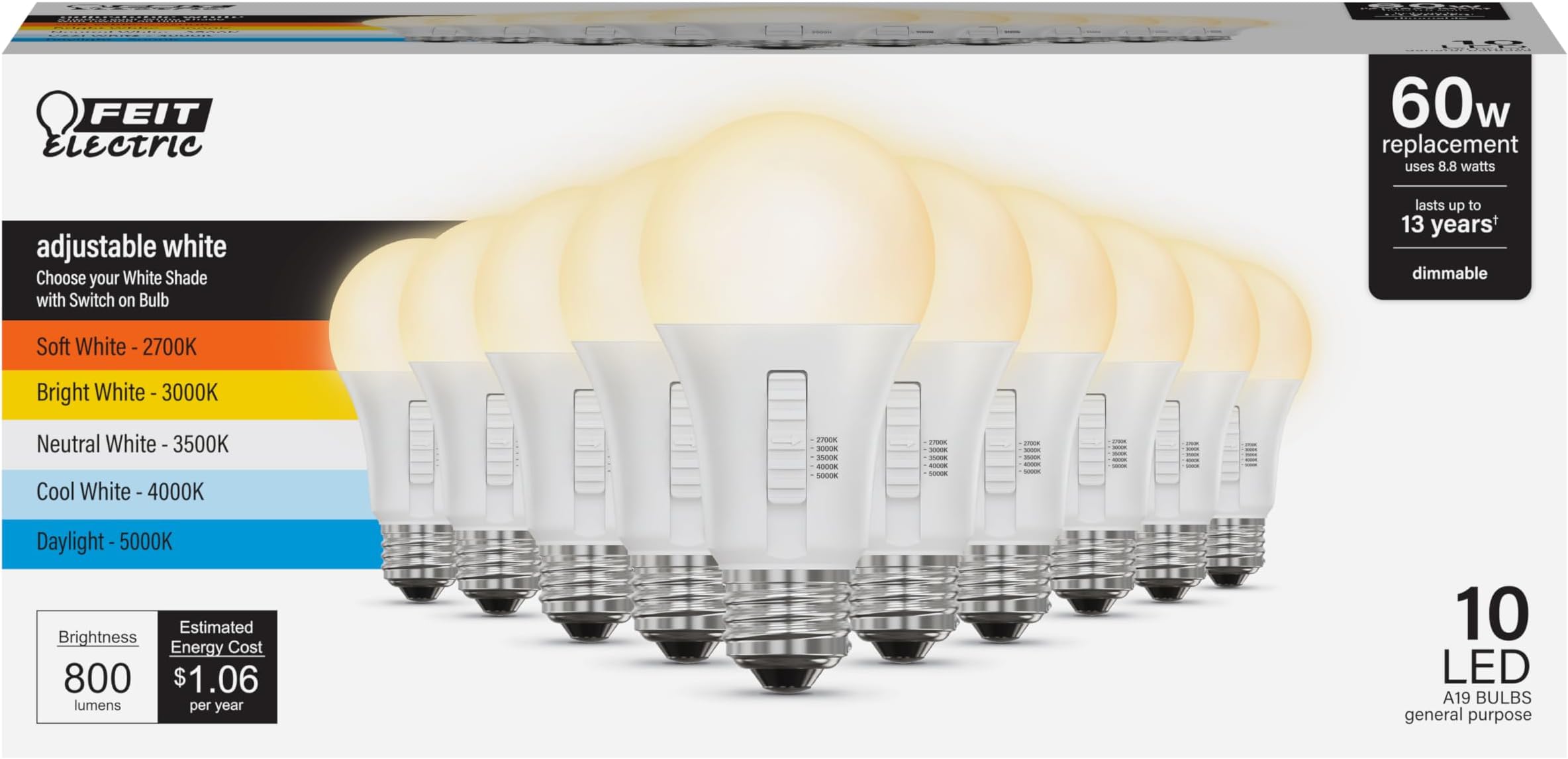 Feit Electric A19 LED Light Bulb, 60W Replacement, Dimmable, Selectable Color Temperatures (2700K-5000K), 800 Lumens, General Purpose Light Bulbs, 15,000-Hour Lifetime, OM60DM/5CCTCA/LED/ 10 Pack