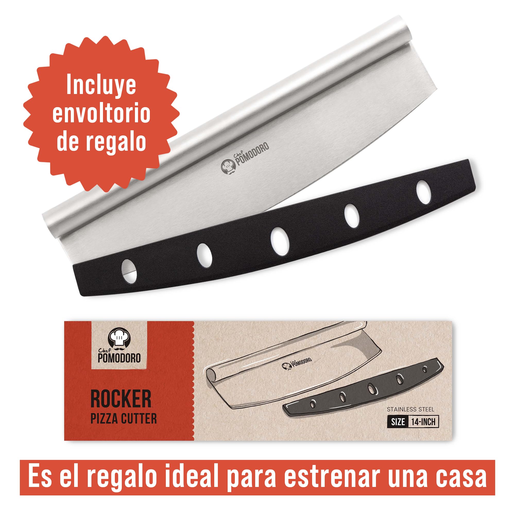Chef Pomodoro Cuchillo Cortapizzas con Funda Protectora - Cortador Pizza Mezzaluna Multiusos de 35 cm con Cuchilla Súper Afilada de Acero Inoxidable - Cuchillo Media Luna Apto para Lavavajillas