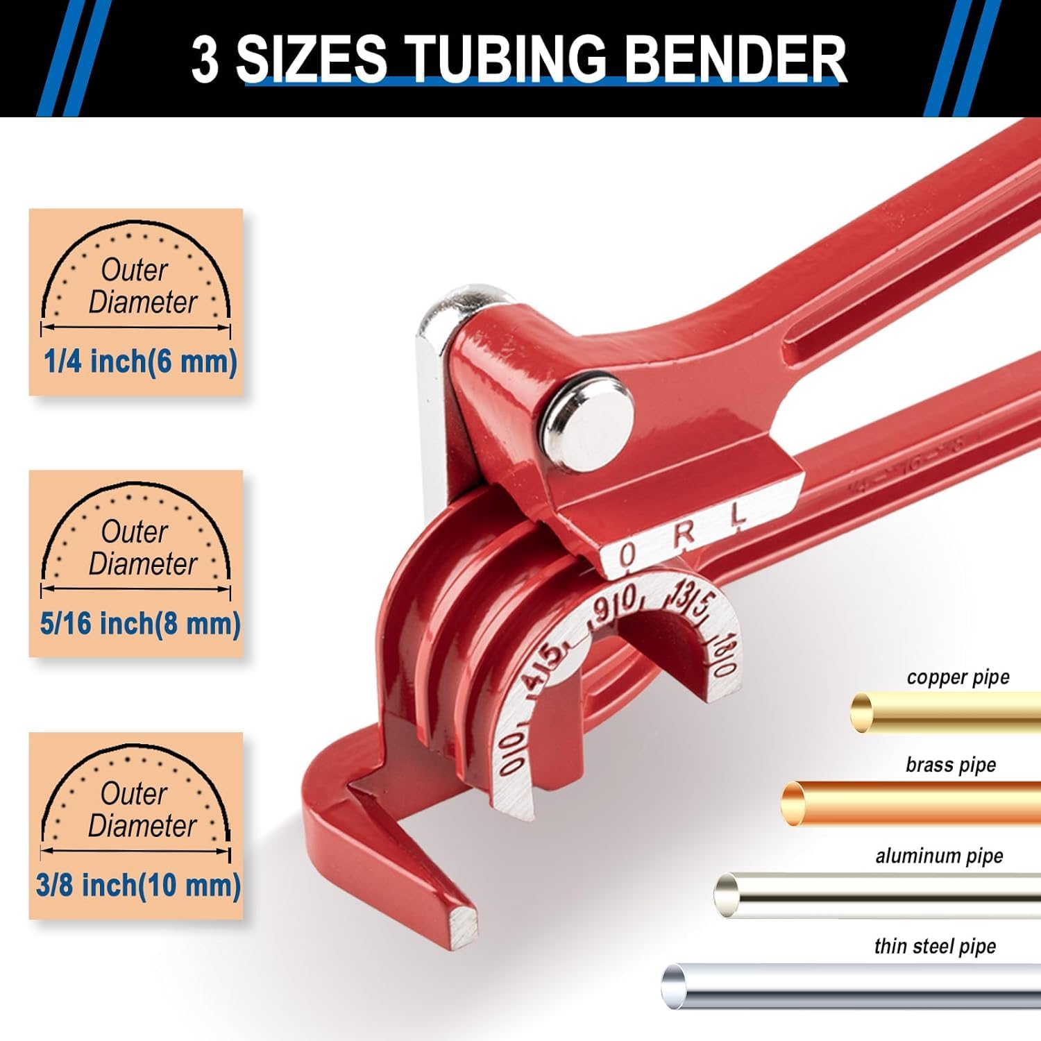 UPTO DATE PRODUCTS Tubing Bender, 0-180 Degrees Tube Bender 3 In 1 Manual Pipe Bender Tool for 1/4 5/16 3/8 Inch Copper Aluminum Brass and Thin Steel Pipes(Red) 1