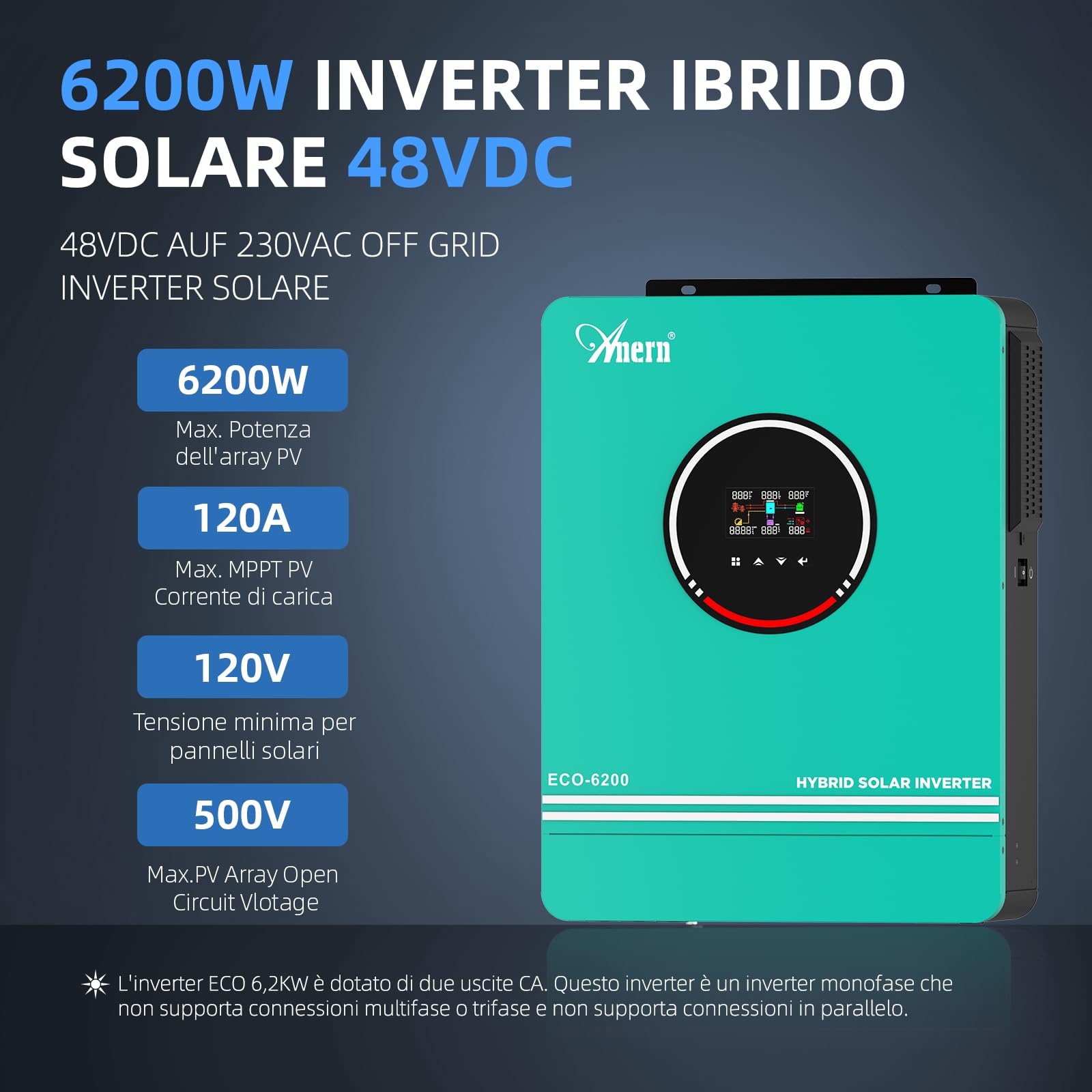 Anern 6.2KW Inverter Ibrido da DC 48V a AC 230V con 120A MPPT Regolatore di Carica Solare, onda sinusoidale pura, FV 60-500VDC, Inverter Fotovoltaico con Modulo WiFi, funziona senza batteria
