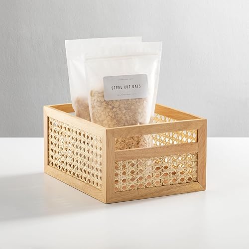 Miniatura 6 de mDesign Cubo cuadrado de madera, organizador de caña natural, caja de almacenamiento para almacenamiento de cocina, estantes de despensa, armario,