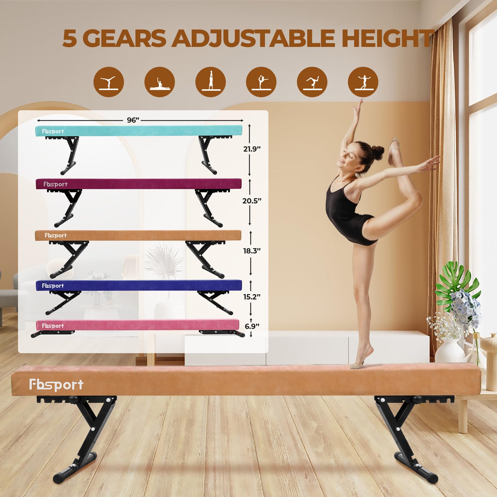 FBSPORT Barra de Equilibrio para niños, Ajustable, 244 cm, 5 Alturas Ajustables de Alto y bajo Nivel, para Gimnasio y práctica en casa
