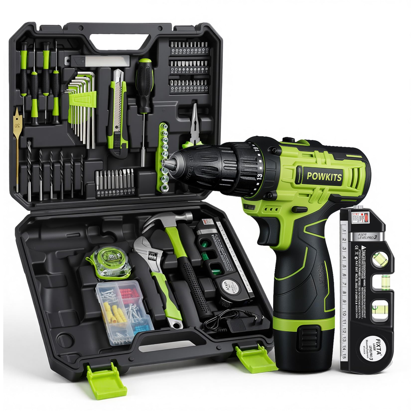 POWKITS Cordless Drill: 12V Power Drill Set with Lithium Battery, 142-Piece Electric Tools Set with 3/8" Keyless Chuck, Portable Household Basic Tool