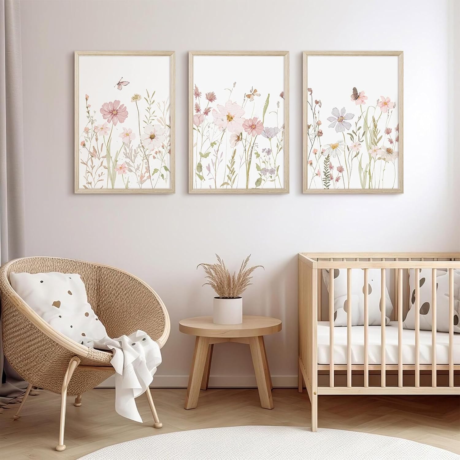Wildflower Nursery Wall Art Pink Watercolor Floral Painting Baby Girl Nursery Canvas Wall Decor Vintage Botanical Flower Picture Boho Wildflower Prints for Bedroom 12x16x3 Inch Framed