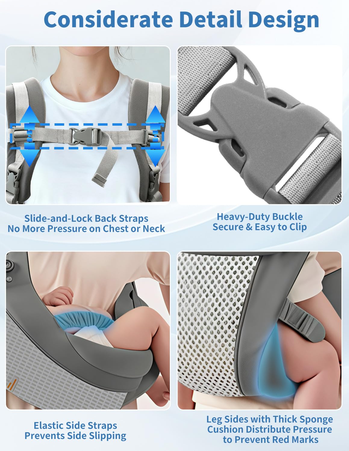 Portabebés, portabebés de recién nacido a niño pequeño, 4 en 1 de malla de aire y algodón de seda, portabebés para niños pequeños, portabebés ajustable delantero y trasero, 3-15 kg (gris)