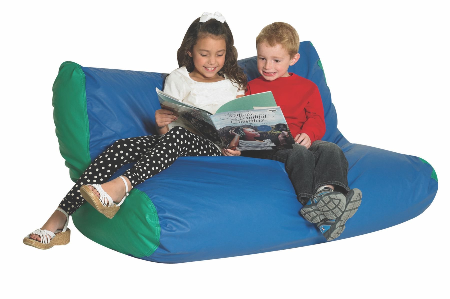 Children's Factor School Age Double High Back Lounger Kid Chairs blue and Green Plush Beanbag Chair