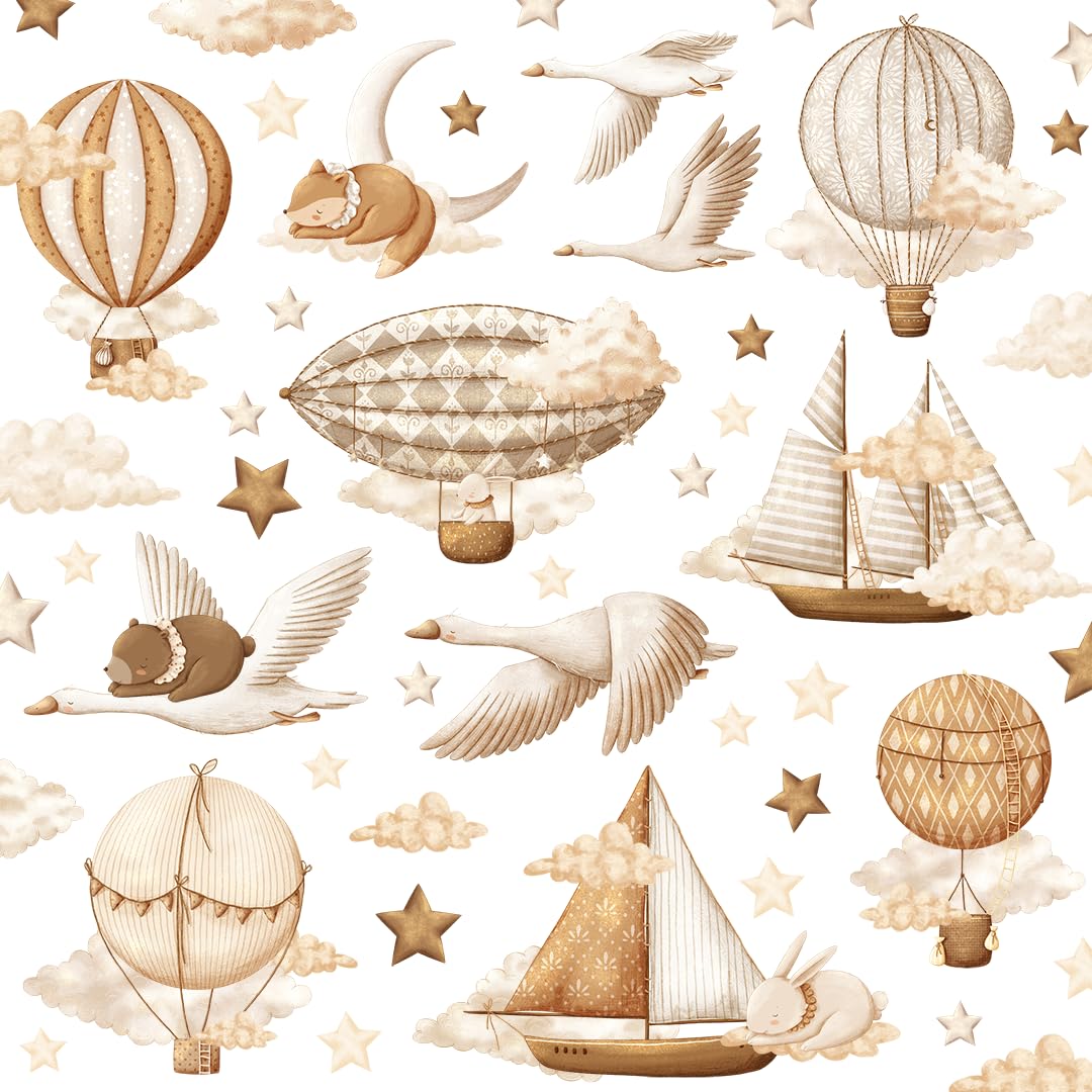 Wandsticker Kinderzimmer Deko - Wandtattoo Babyzimmer - Kinderzimmer Deko Mädchen Wanddeko - 62 einzelne Aufkleber - Ballons, Schiffe, Tiere, Sterne, Monde, Wolken - Braun