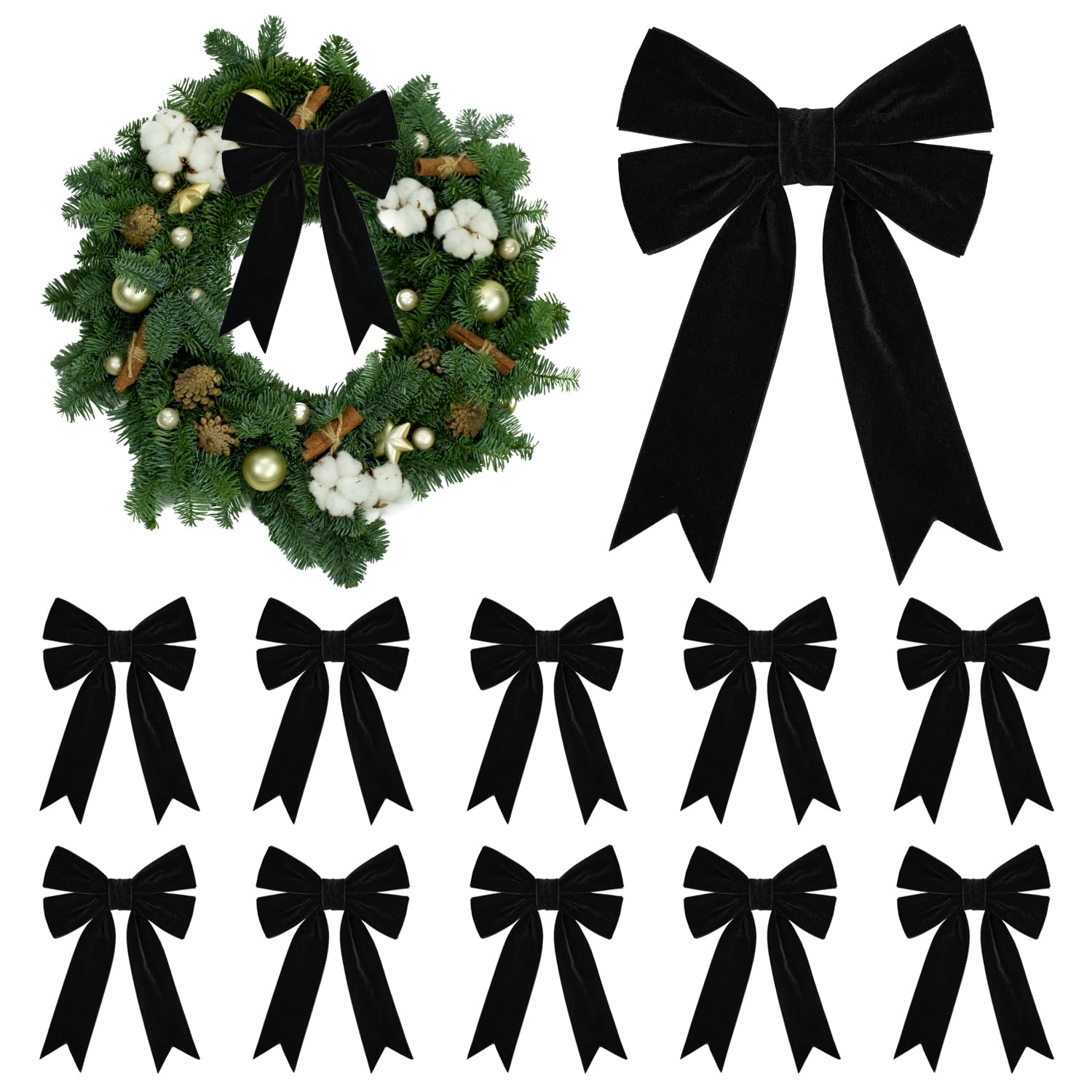 KKSTY 10 Pcs Velvet Ribbon Bow, 5x7inches Vintage Velvet Bows Ornaments for Christmas Tree Garland Wreath Gift Wrapping Indoor Outdoor Holiday Wedding Party Decoration (Black)