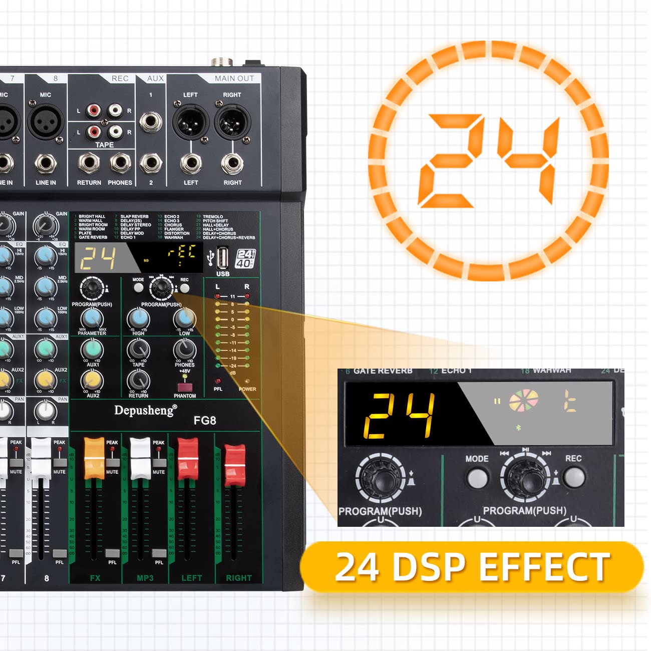 Depusheng FG8 Table de mixage audio professionnelle 8 canaux pour enregistrement sur ordinateur Interface de contrôleur de son 24 effets DSP intégrés avec alimentation fantôme 48 V, MP3, Bluetooth