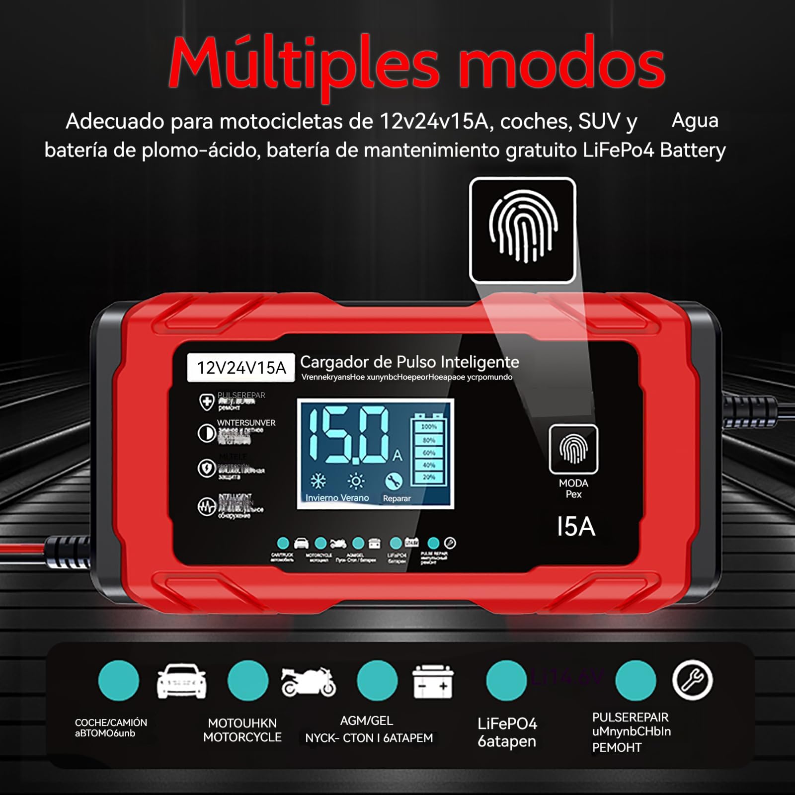 24V 15A Cargador Baterias Coche, 12V 8A Cargador de Bateria y Moto Inteligente Batería de Coche con LCD Cargadors de batería para Auto Moto Camión AGM Gel SLA — view 2