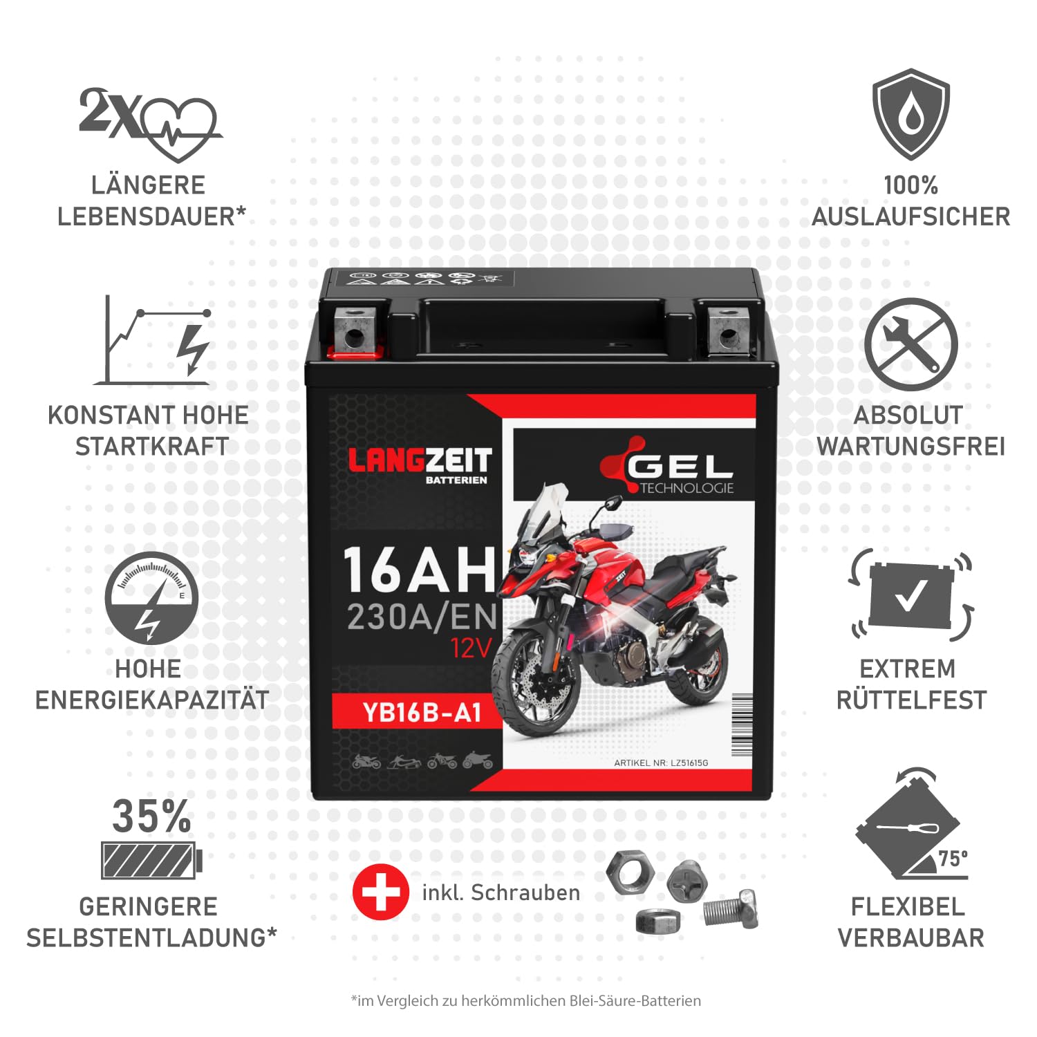 LANGZEIT YB16B-A1 GEL Motorradbatterie 12V 16Ah 230A/EN Gel Batterie 51615