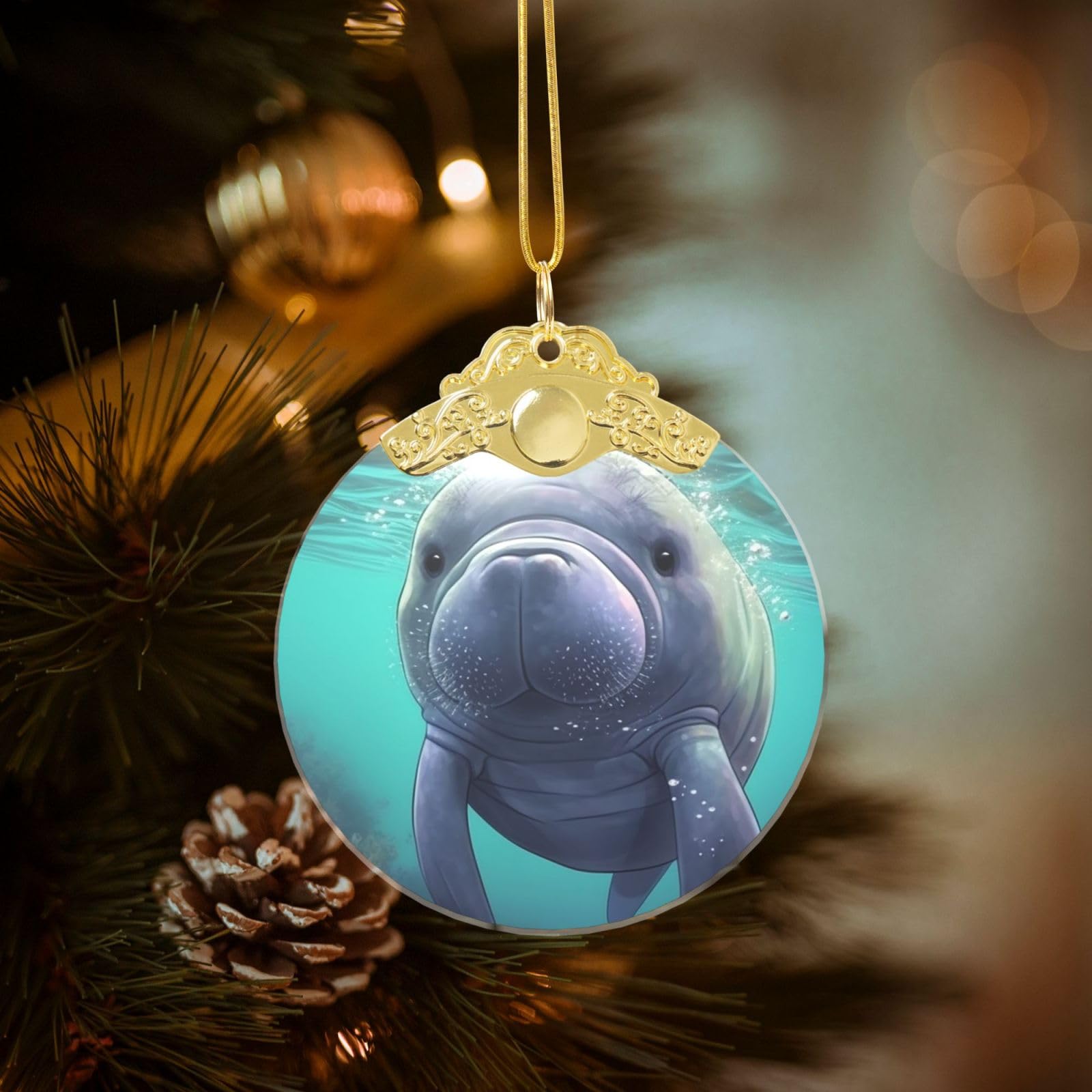 Crystal Christmas Ornaments for Christmas Tree Decoration Hanging Cute Sea Animal Manatee Ornament with Gold Ribbon Crafts Round Pendant for Keepsake Gifts Glass Xmas Decor Party Supplies
