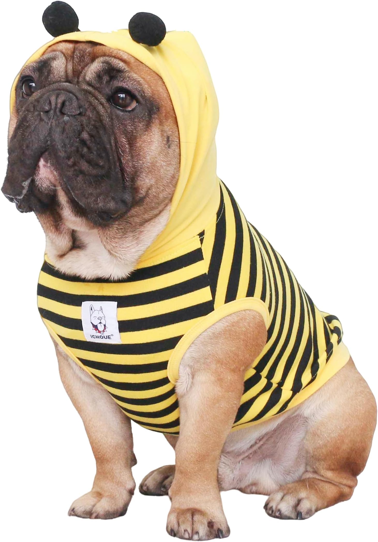 iChoue French Bulldog Bee Honeybee Bumblebee Caterpillar Insect Halloween Costumes Hoodies Sleeveless Clothes Outfits Cosplay Shirts for Dogs Frenchie Pug Boston - Black Yellow, Large