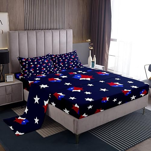 Juego de sábanas de bandera de Texas, diseño de estrellas rojas, blancas y azules, decoración occidental para dormitorio, juego de ropa de cama de