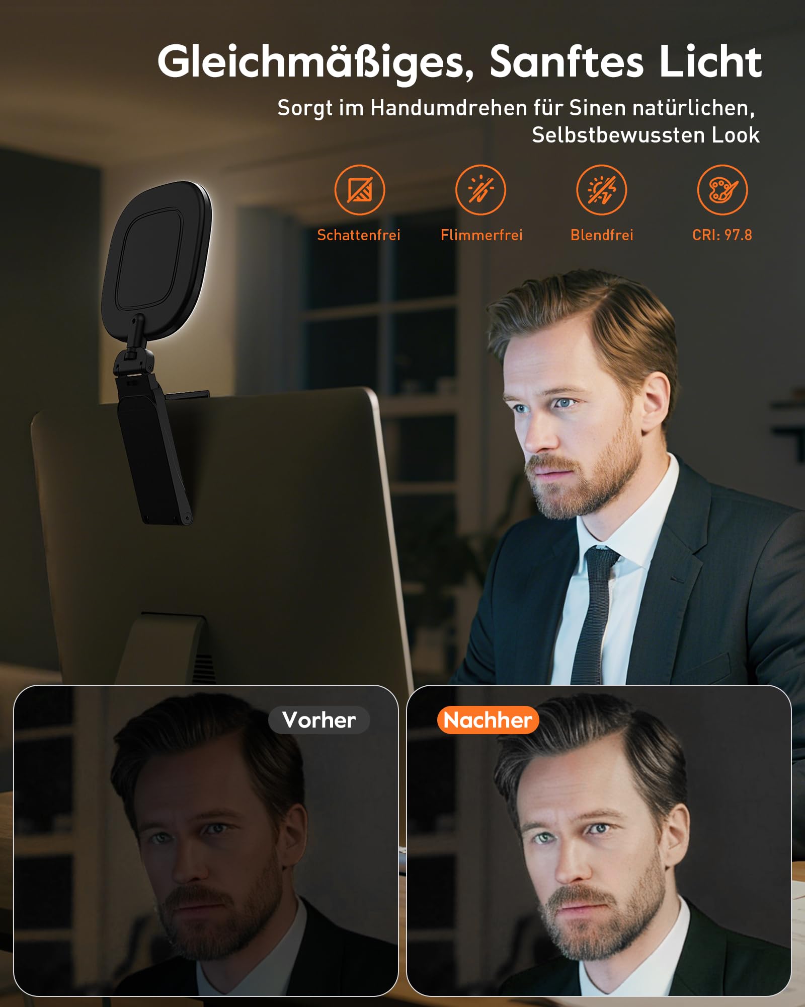 Anillo de luz LED para ordenador portátil, monitor – Cuidado de los ojos LED Webcam Luz con clip de seguridad de pantalla (negro 2 unidades)