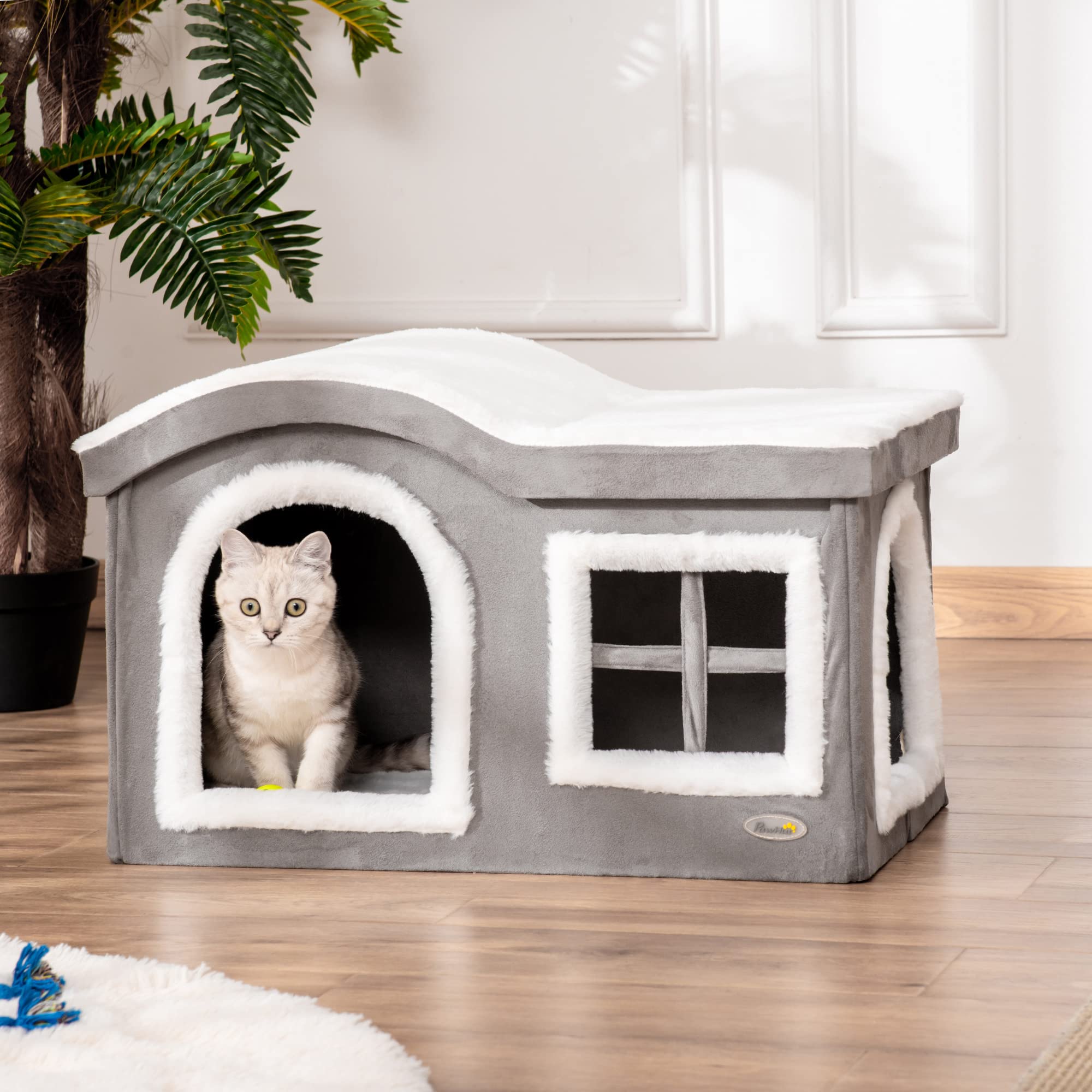 Pawhut Casetta per Gatti da Interno con 2 Entrate e Finestra, Cuscino e Base Antiscivolo, 63.5x37x40cm, Grigio