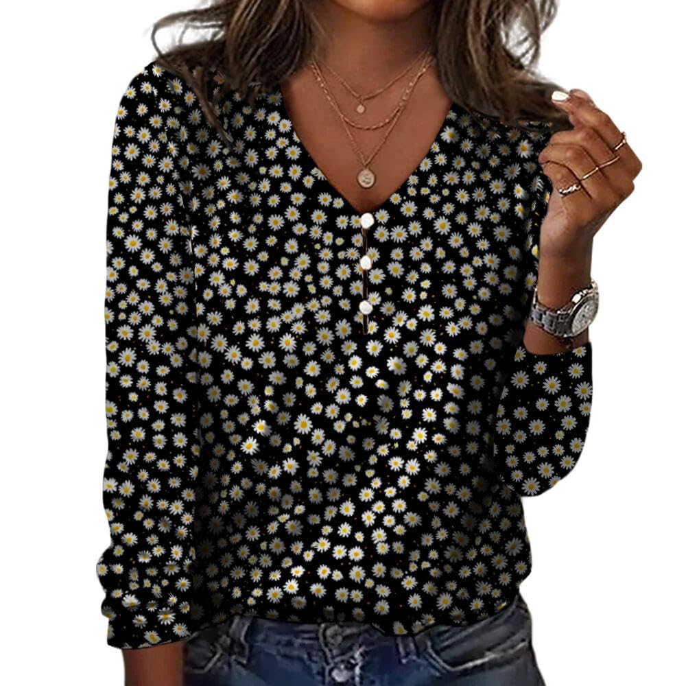 ZOCANIA Boho Button Down Shirts for Women Floral Printed V Neck Long Sleeve Womens Tunics Trendy Casual Graphic