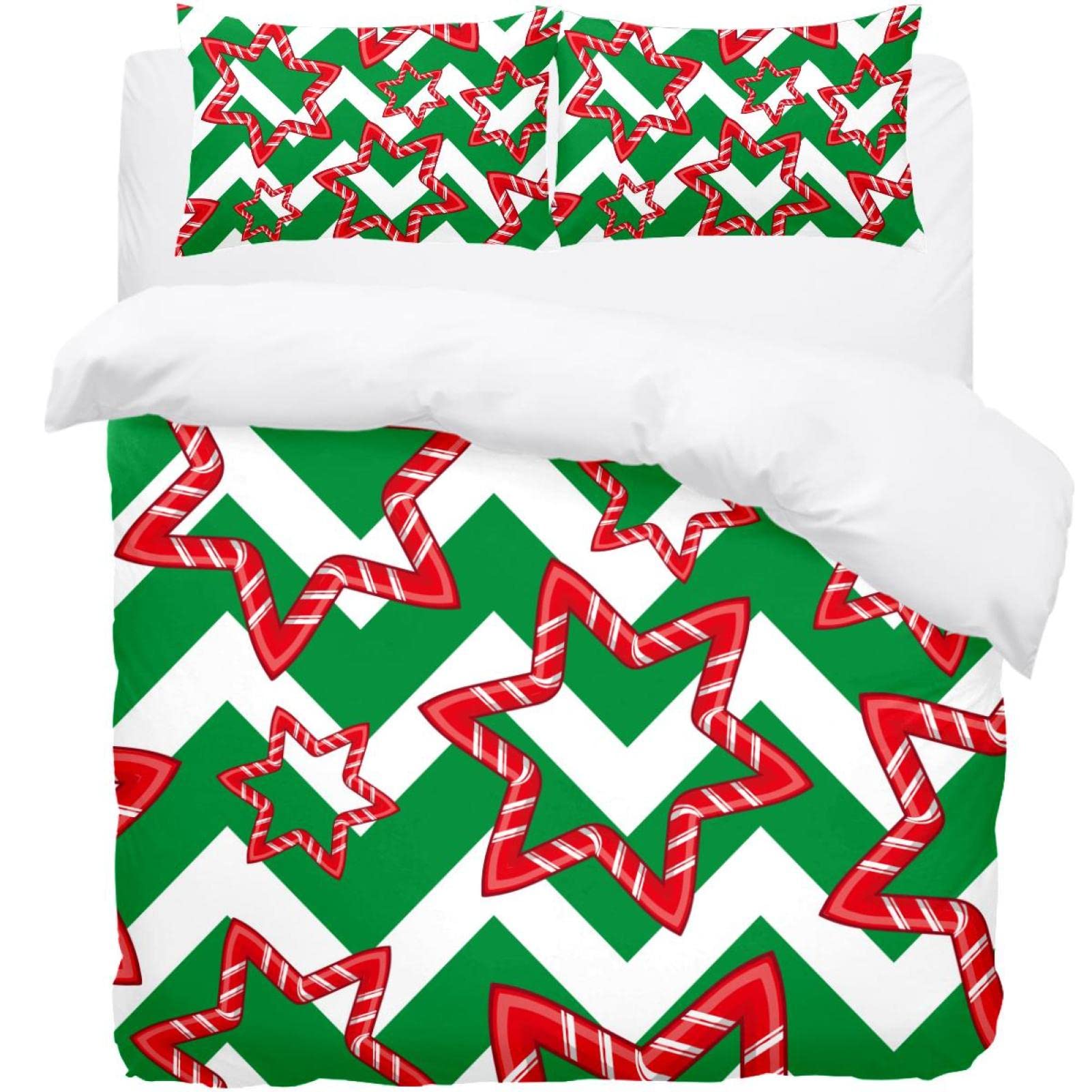 Housse de couette vert zigzag avec 2 taies d'oreiller pour lit double