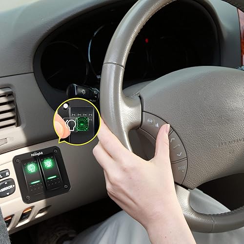 Miniatura 6 de Nilight Panel de interruptor basculante de 2 cuadras, 12 V, 24 V, CC, interruptores verdes, panel de aluminio de 5 pines, encendido y apagado, panel