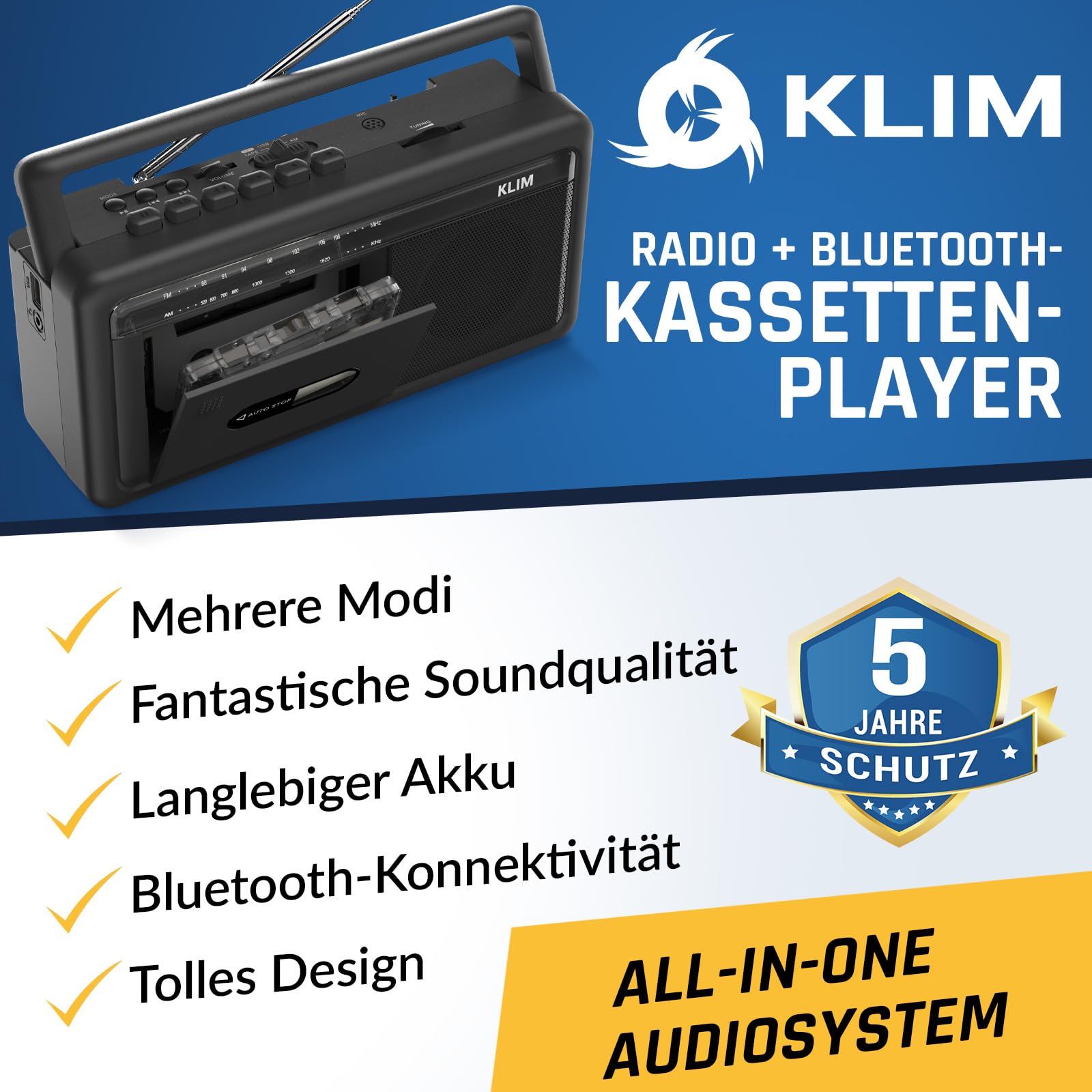 KLIM Tragbare Kassettenspieler Boombox, AM/FM Radio, Bluetooth Radio, Cassette Player & Kassettenrecorder, USB, Lautsprecher, Kopfhöreranschluss, Batteriebetrieb & Netzbetrieb - Schwarz