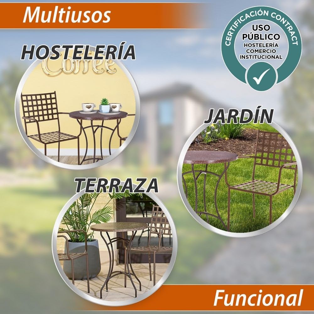 LOLAhome Pack 2 Silla de jardín Cartago Marrón Oxido | Estilo Hierro Forjado | Contract, Resistentes y Duraderas | Apilable y con Brazos | 56x61x90 cm | para Exterior, jardín, terraza | Cartago