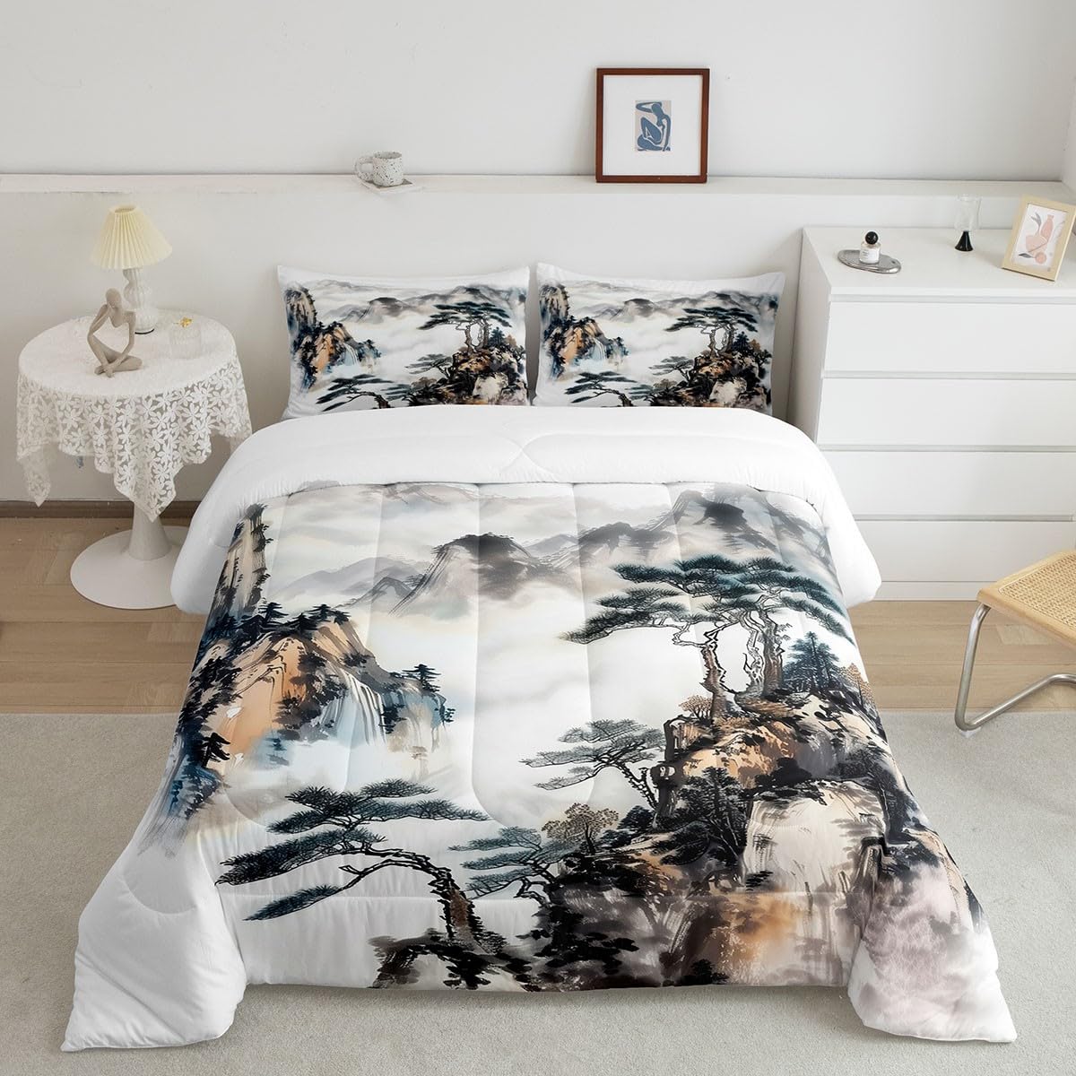 Castle Fairy Pine Tree 3 Pcs Queen Size Comforter Set,Black White Ink Art Down Alternative Adults Bedroom Decor,Foggy Mountain Nature Botanical Ultra