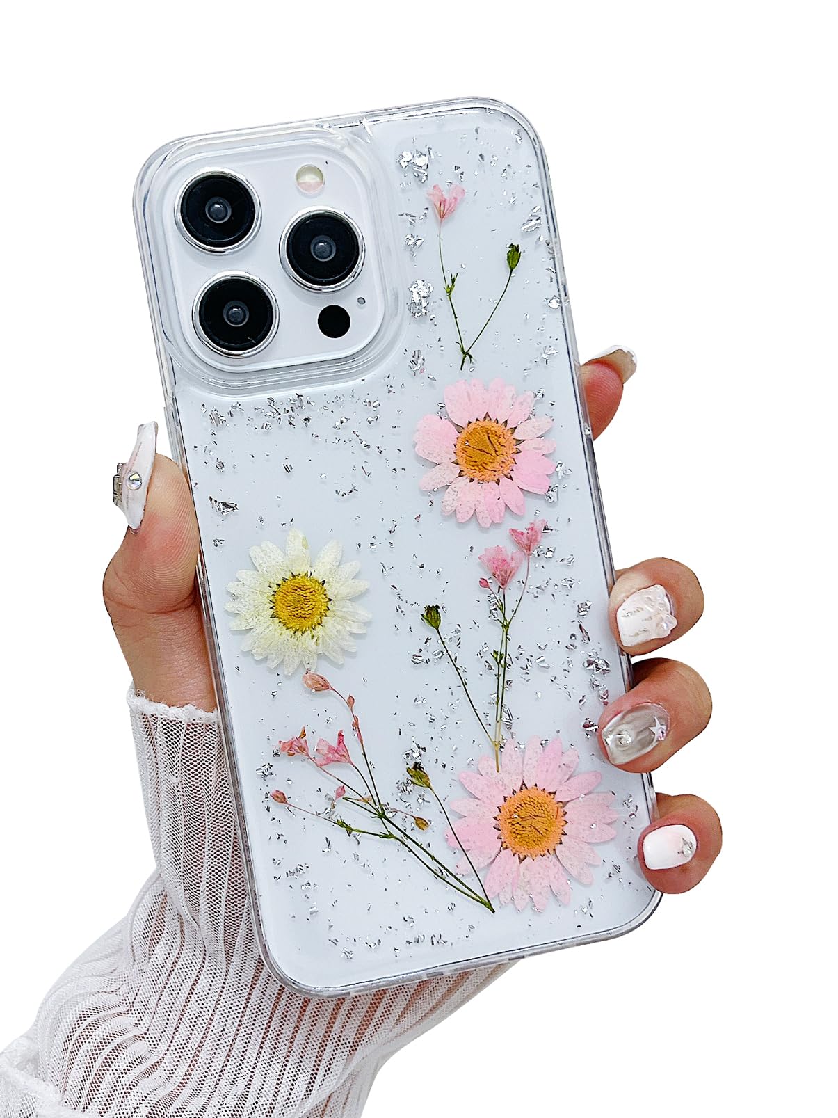 MUNDULEA Compatible with iPhone 16 Pro Max Case Flower Clear Dried Pressed Flowers Women Girly Flexible TPU Real Floral Shockproof Phone Cover for