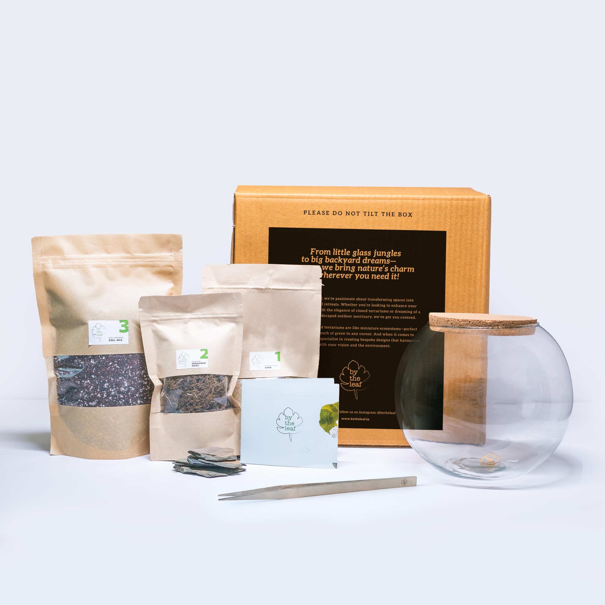 ByTheLeaf DIY Terrarium Kit with Green Elements | Glass Container with Cork Lid & Terrarium Supplies | Sand, Stones, Moss, Soil & Tweezers | Mini Garden | Eco-Friendly Decor | Plants Sold Seperately