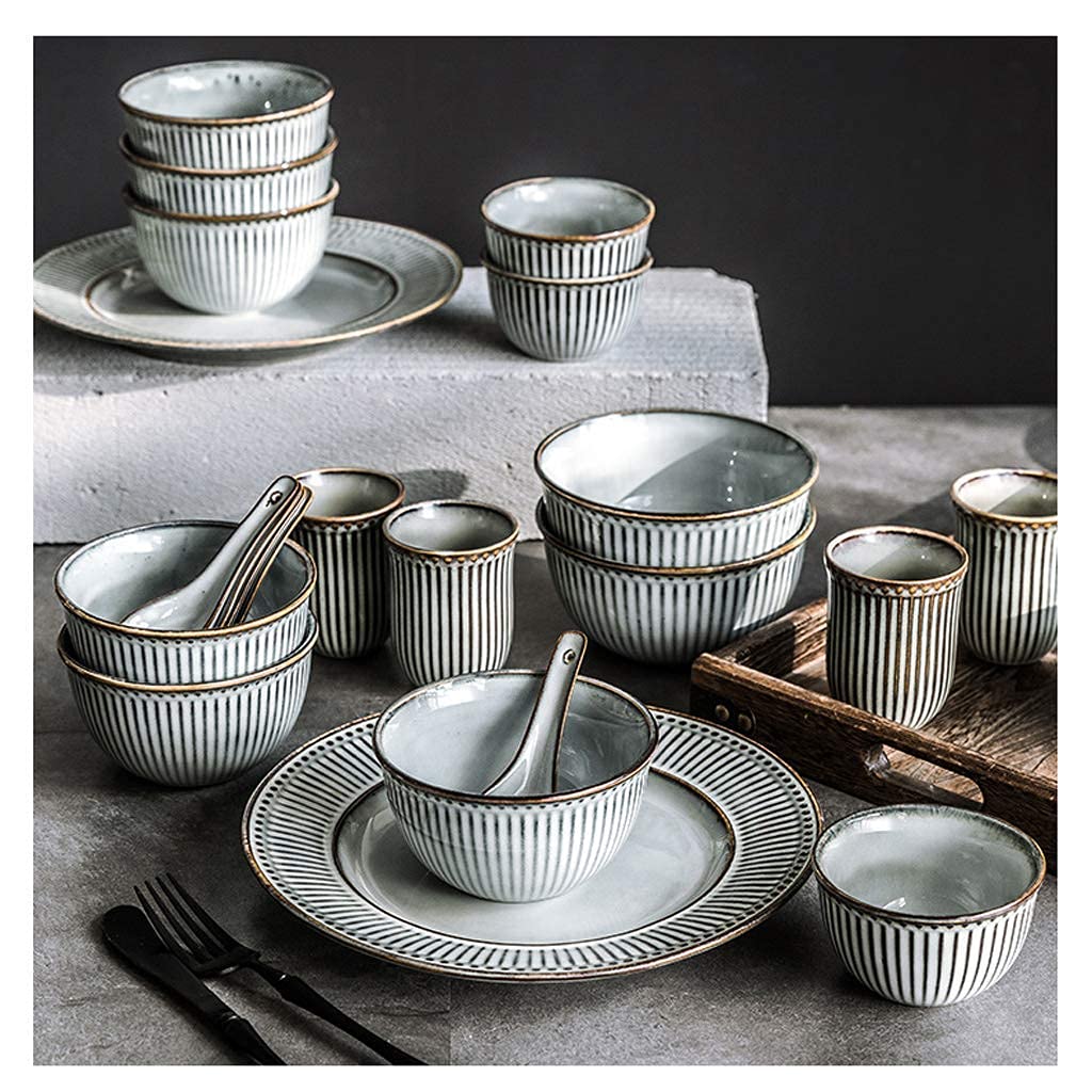 Zestaw obiadowy, Zestawy obiadowe ceramiczne, 38 elementów, retro tłoczone pionowe paski, zestaw obiadowy, porcelanowa miska na płatki zbożowe, łyżka i talerz dla rodziny Gatheand Restaurant