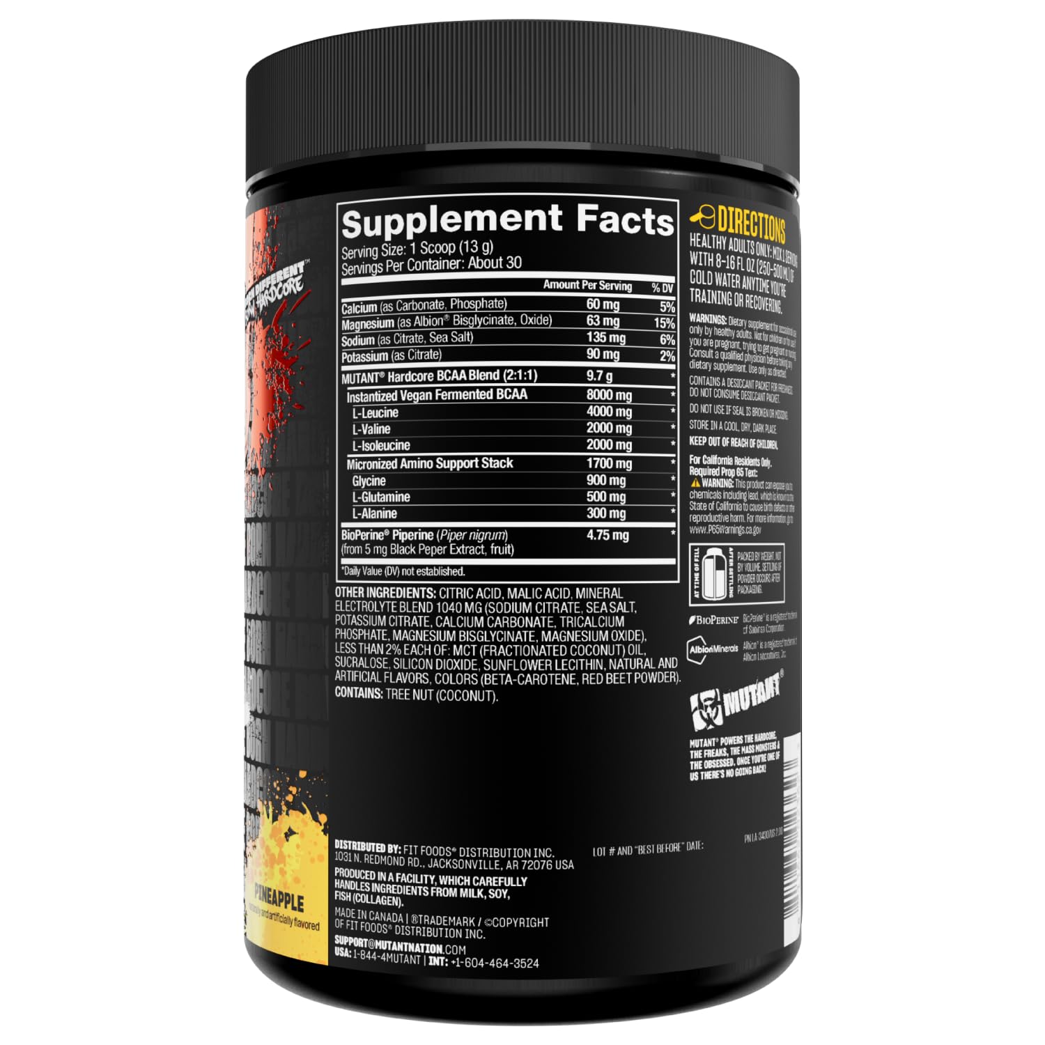 Mutant Hardcore BCAA - Pre, Intra or Post Workout – BCAA Next Level branched-Chain Amino Acids Supplement – Hydration + Recovery - 30 Serving - Pineapple