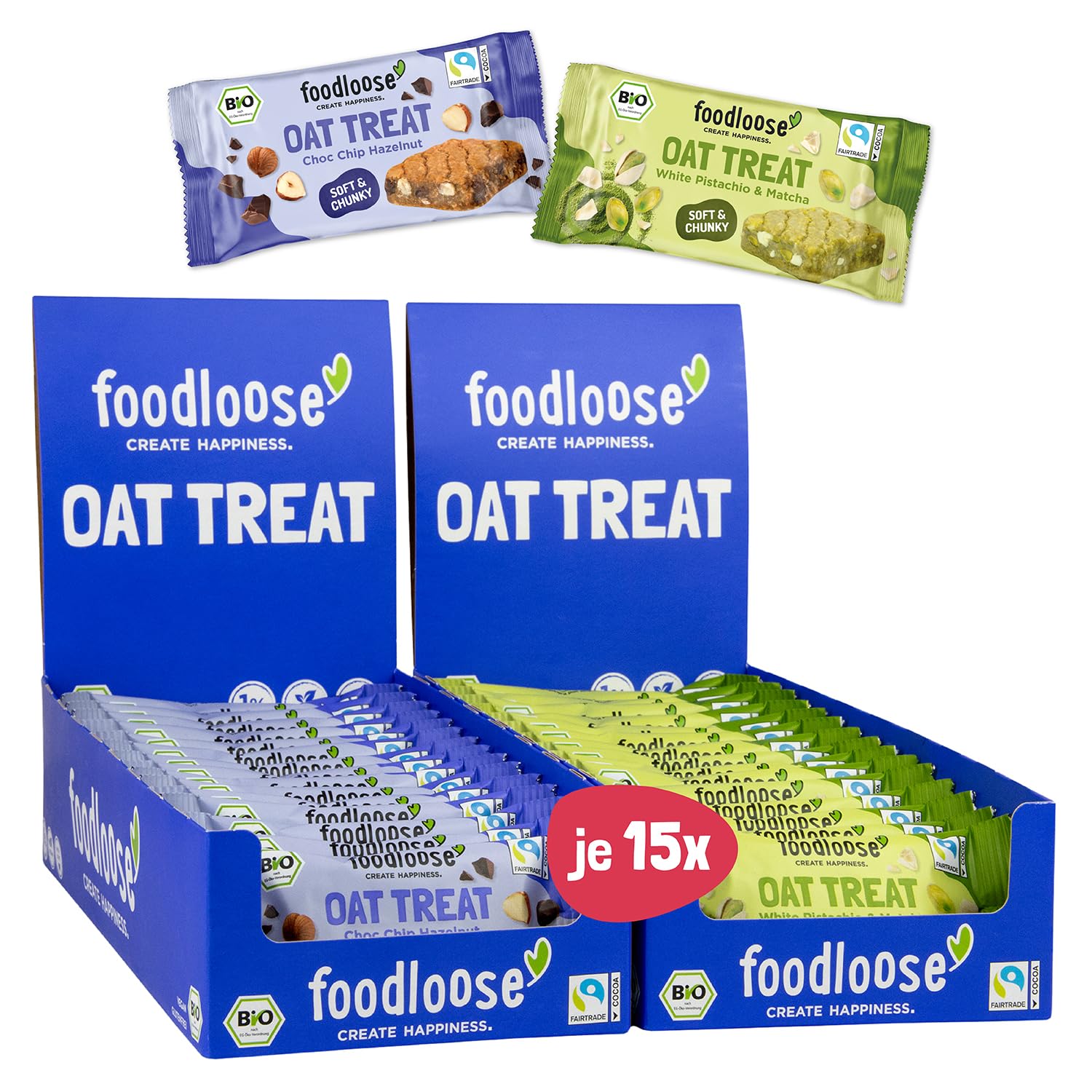 foodloose Oat Treats Bundle | Bio-Haferriegel White Pistachio & Matcha und Choc Chip Hazelnut | Vegan, glutenfrei & ohne raffinierten Zucker | Vorteilspack mit 30 Snacks à 40g