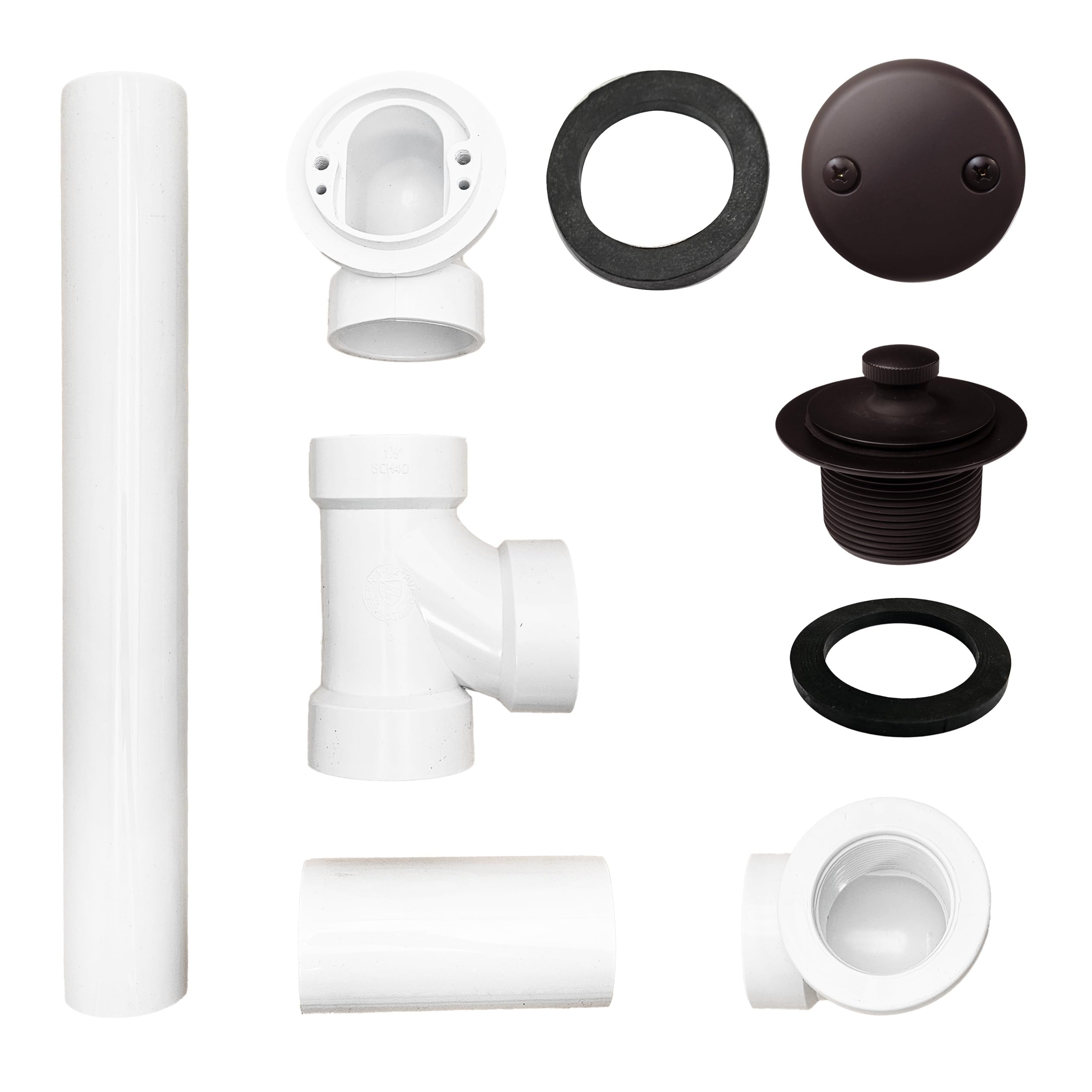 Westbrass D4972-12-12 - Conjunto de desagüe y desbordamiento de baño de 1-1/2 pulgadas con tapón de drenaje y codo superior de placa frontal de dos orificios-SCH. 40 PVC, paquete de 12, bronce