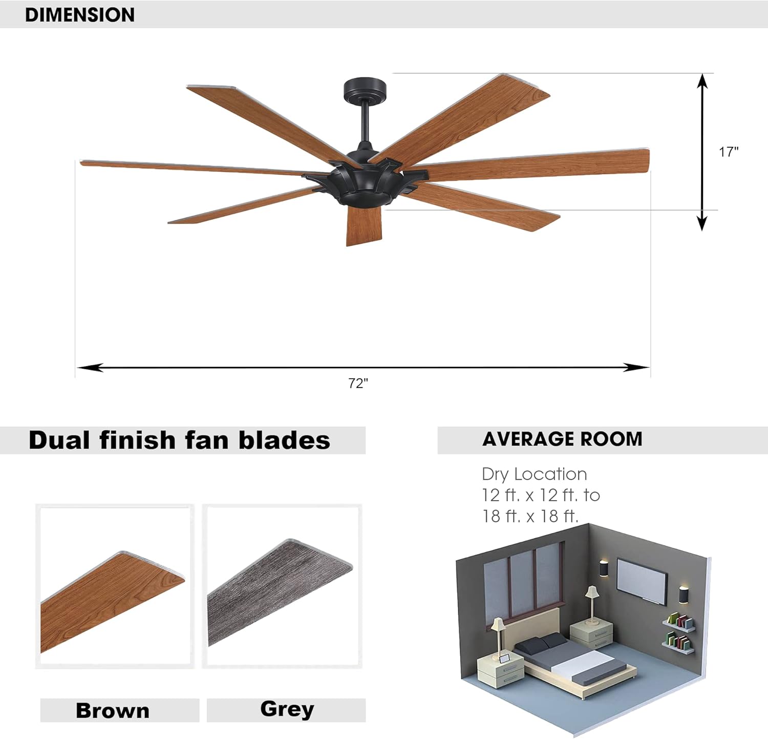 Parrot Uncle Ceiling Fans with Remote 72 Inch Ceiling Fan No Light Farmhouse Large Ceiling Fan without Light Outdoor Ceiling Fans for Patios Covered, Grey/Cherry