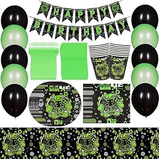 Babioms Jeu Vidéo Fête d'anniversaire Fournitures Jeu Assiettes De Fête Tasses Serviettes Couverts Gaming Party Vaisselle Anniversaire Jeu Day Party 1er Baby Shower pour Enfants,92 Pcs
