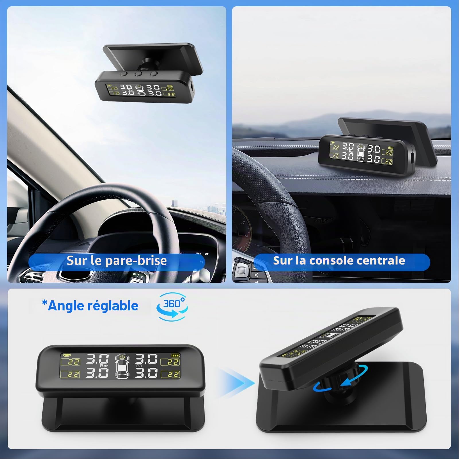Geloo TPMS Système de contrôle de Pression des pneus Solaire Universel 5 Modes d'alarme de Pression des pneus avec capteur de Pression des pneus Externe 22-87 psi/5bar pour Camper Voiture, SUV