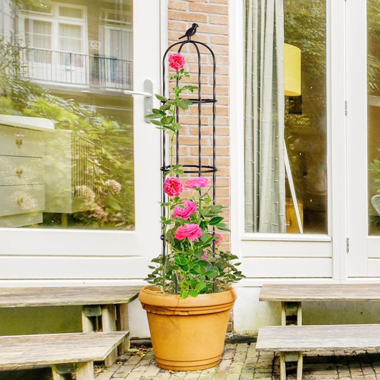 FOLLOOK Garden Trellis for Climbing Plant Outdoor, 67" Tall Round Cucumber Trellis Plant Supports for Vines Flower Climbing Rose Clematis Vegetable Tomato Trellis, 1PC, Black