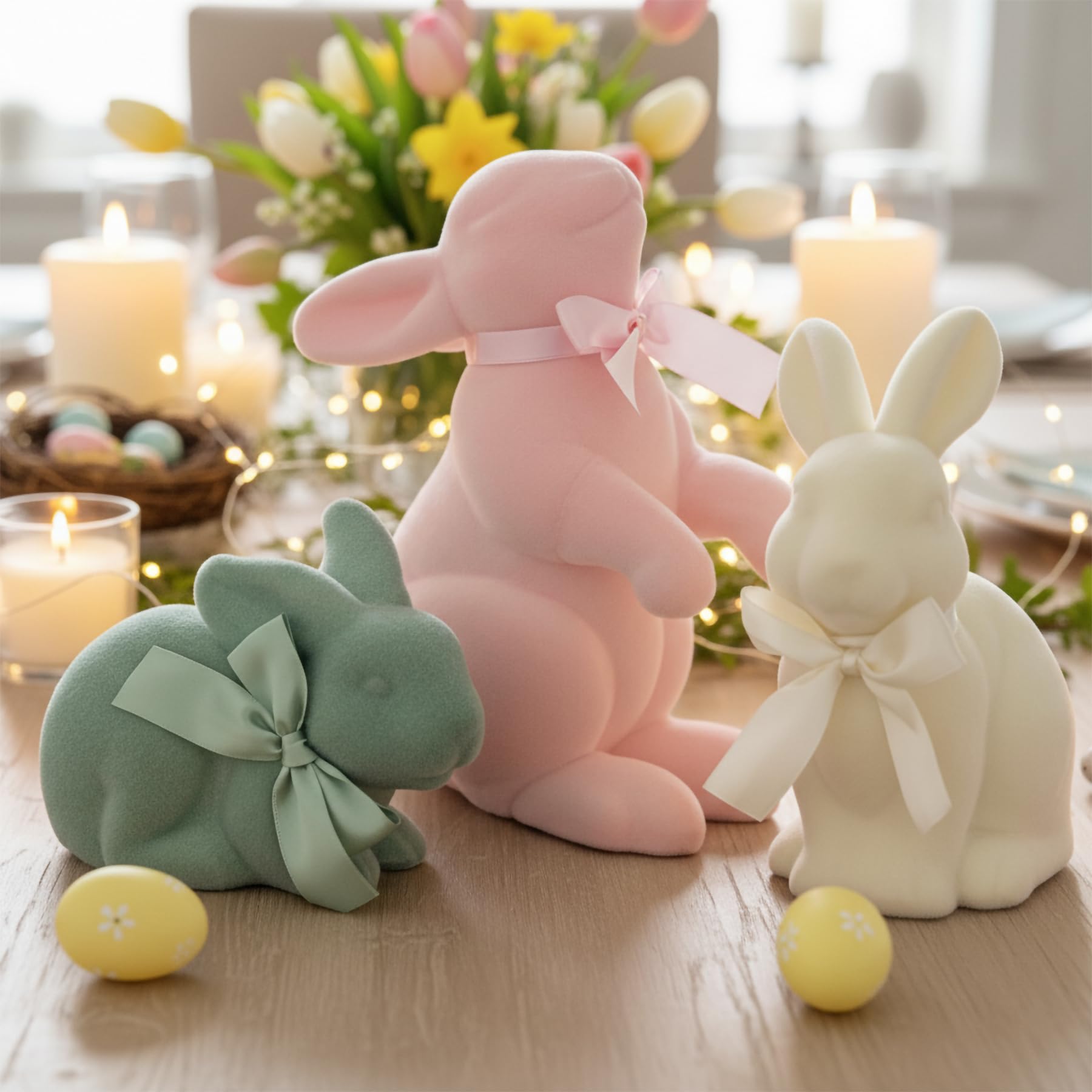 Lanpn Set di 3 Conigli Pasquali Floccati, Statuette di Coniglio in Colori Pastello Multi-Posa per Decorazioni da Tavolo Mensole e Casa – Decorazioni Primaverili (Rosa Beige Verde)