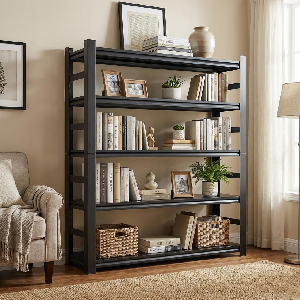 5-Tier Metal Bookshelf,Adjustable Shelves with Guardrails,Standing Bookcase,Heavy-Duty Book Shelving Unit,for Living Room Home Office,Black(71" H x 35.4" W x 15.8")