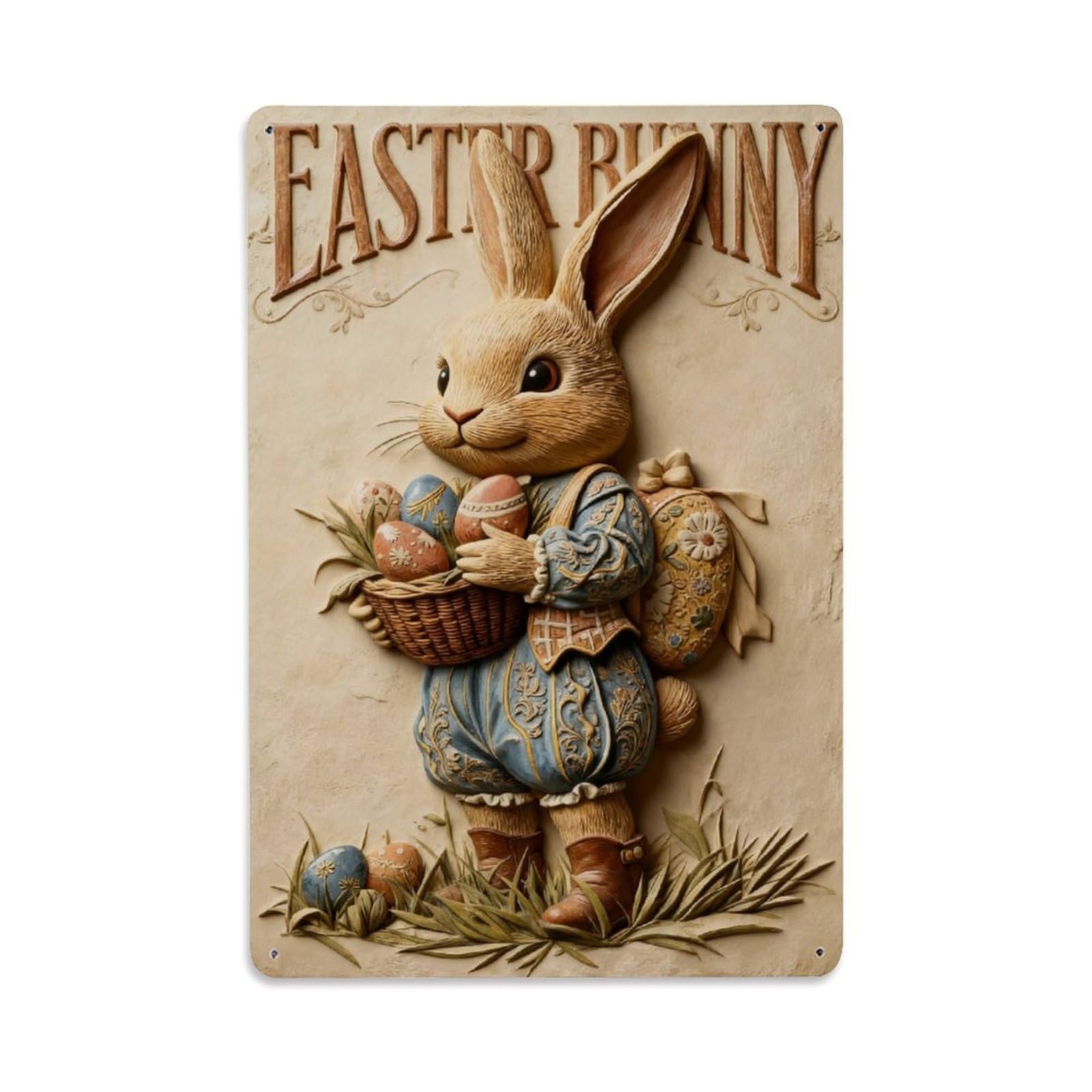 Easter Bunny Holding Eggs Vintage Metal Tin Sign Retro Wall Decor, Bar Garage Cafe Kitchen Home Wall Art Poster Decoration 8x12inches