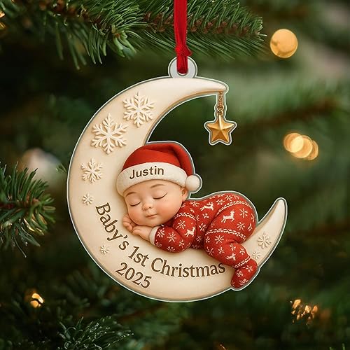 Miniatura 10 de DILYPOD Adorno personalizado para la primera Navidad del bebé 2025-1er adorno de Navidad con texto fotográfico, adornos de Navidad personalizados