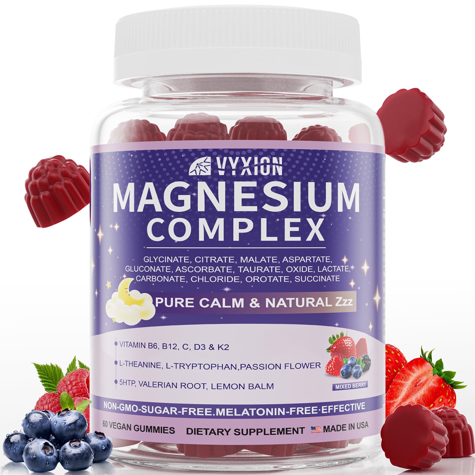 Magnesium Complex 13-in-1 Glycinate Gummies for Women and Men, 60 Gummies, with L-Theanine, Vitamin D3, K2 & Zinc – Deep Calm & Sleep Support, No Added Sugar