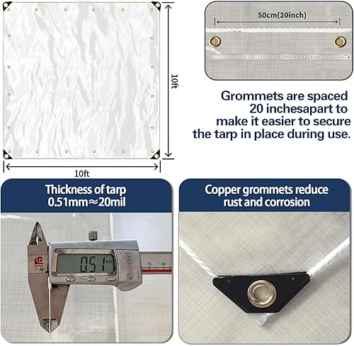 Miniatura 3 de Lonas transparentes resistentes al agua de 20 mil, lona de PVC de 10 x 10 pies con ojales de metal, bordes reforzados resistentes al desgarro, lona