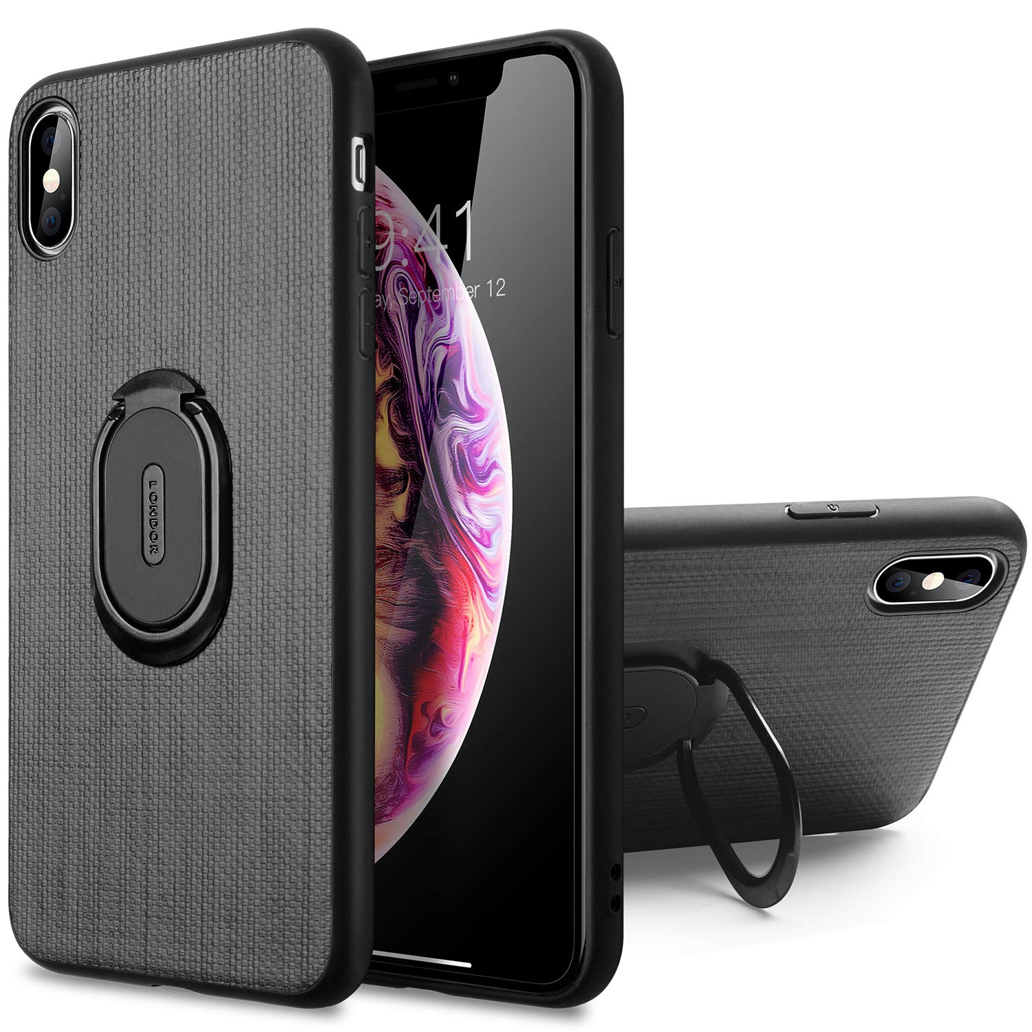 iPhone Xs Max Case,Slim Fit Premium PU Leather Back Shock-Absorbing TPU  Frame Case with Finger Ring Grip Holder Stand [Compatible Magnetic Car Mount