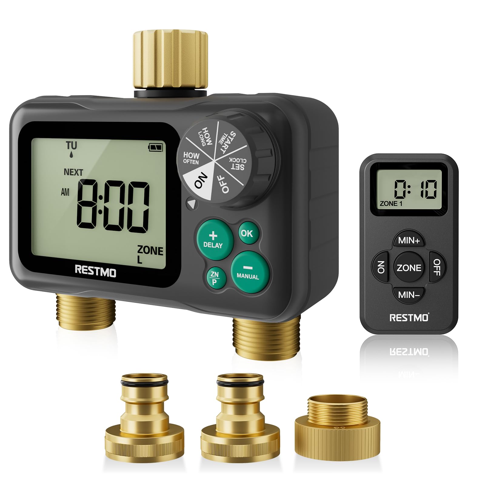 RESTMO Ordenador de riego RF de 2 zonas, temporizador de riego con mando a distancia | Automático/manual/retardo de lluvia, para manguera de jardín y grifo exterior, riego de césped