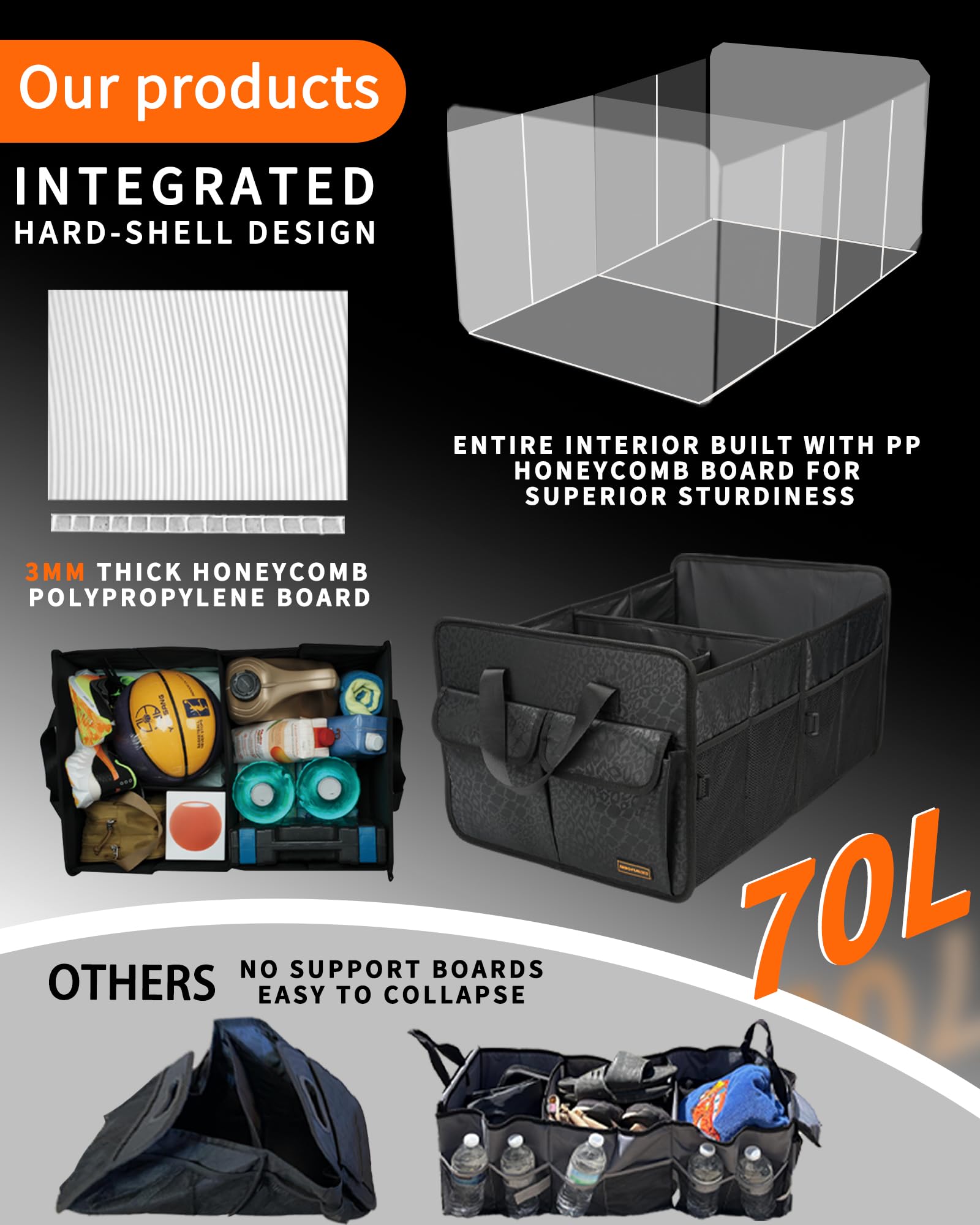 Sturdy Car Trunk Organizer – Large Capacity Trunk Organizer for SUVs & Sedans, Hard-Shell One-Piece Design with Cute Print, Collapsible and Durable Car Organizers (Black Leopard 70L)